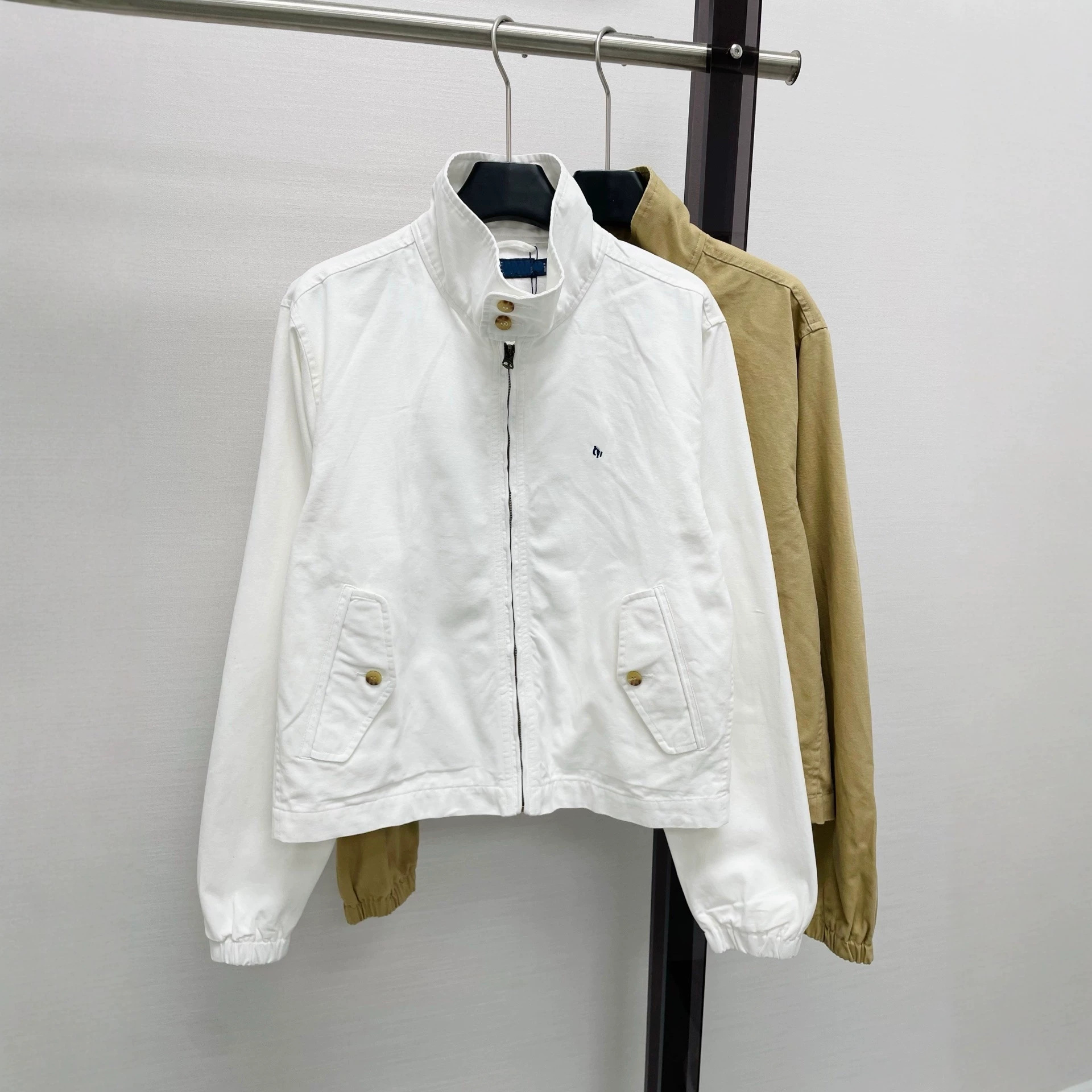 High-end pony logo embroidered pattern stand-up collar retro old money style zip-up work jacket casual loose long-sleeved coat