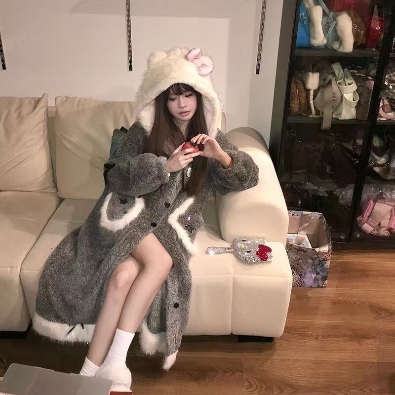 2025新款睡衣珊瑚凯蒂猫睡袍冬季毛绒加厚甜美清新长款家居服外穿|undefined