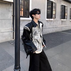 美式街头风小众拼接PU皮工装夹克男春秋季做旧手绘设计感宽松外套