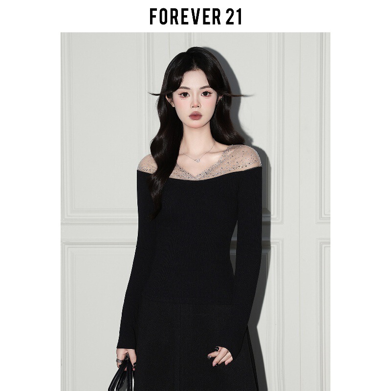 Forever21 mature style black rhinestone V-neck knit top for women, spring pure desire off-shoulder slim-fit long-sleeve top Forever21 mature style black rhinestone V-neck knit top for women, spring pure desire off-shoulder slim-fit long-sleeve top