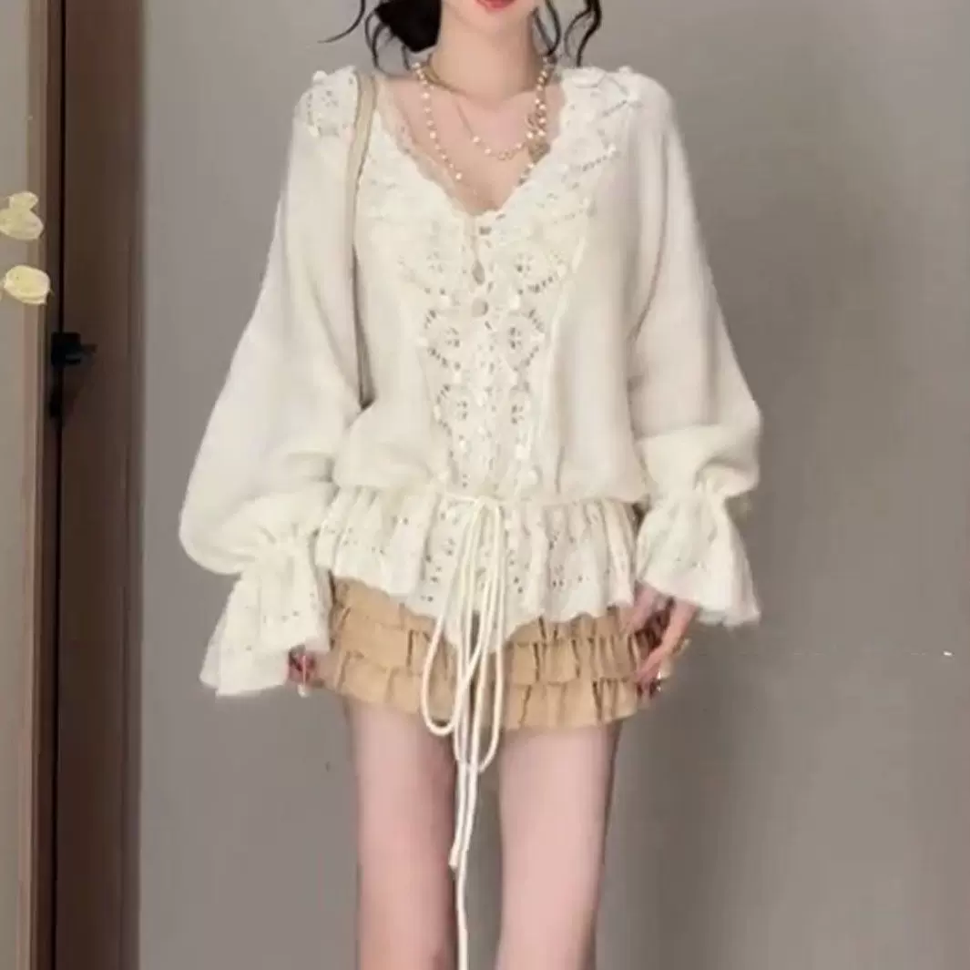 慵懒风宽松镂空钩花V领毛衣女2025早秋韩系设计抽绳下摆针织开衫