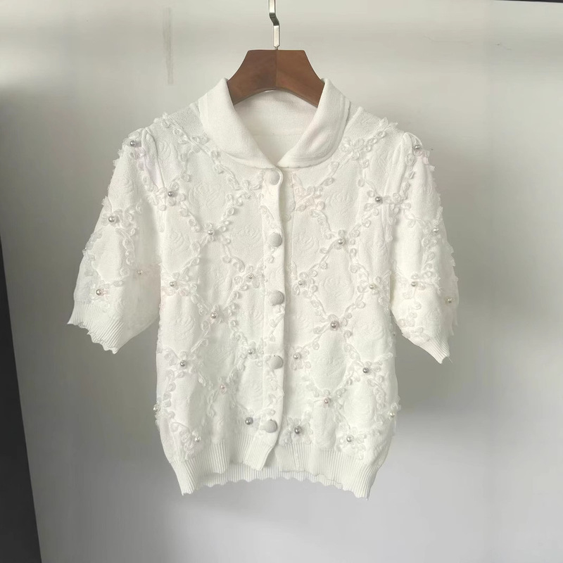 Shenzhen Nanyou Summer Doll Collar Pearl Button Short-Sleeve Chanel-Style Jacquard Knit Top for Women 2026 New Model