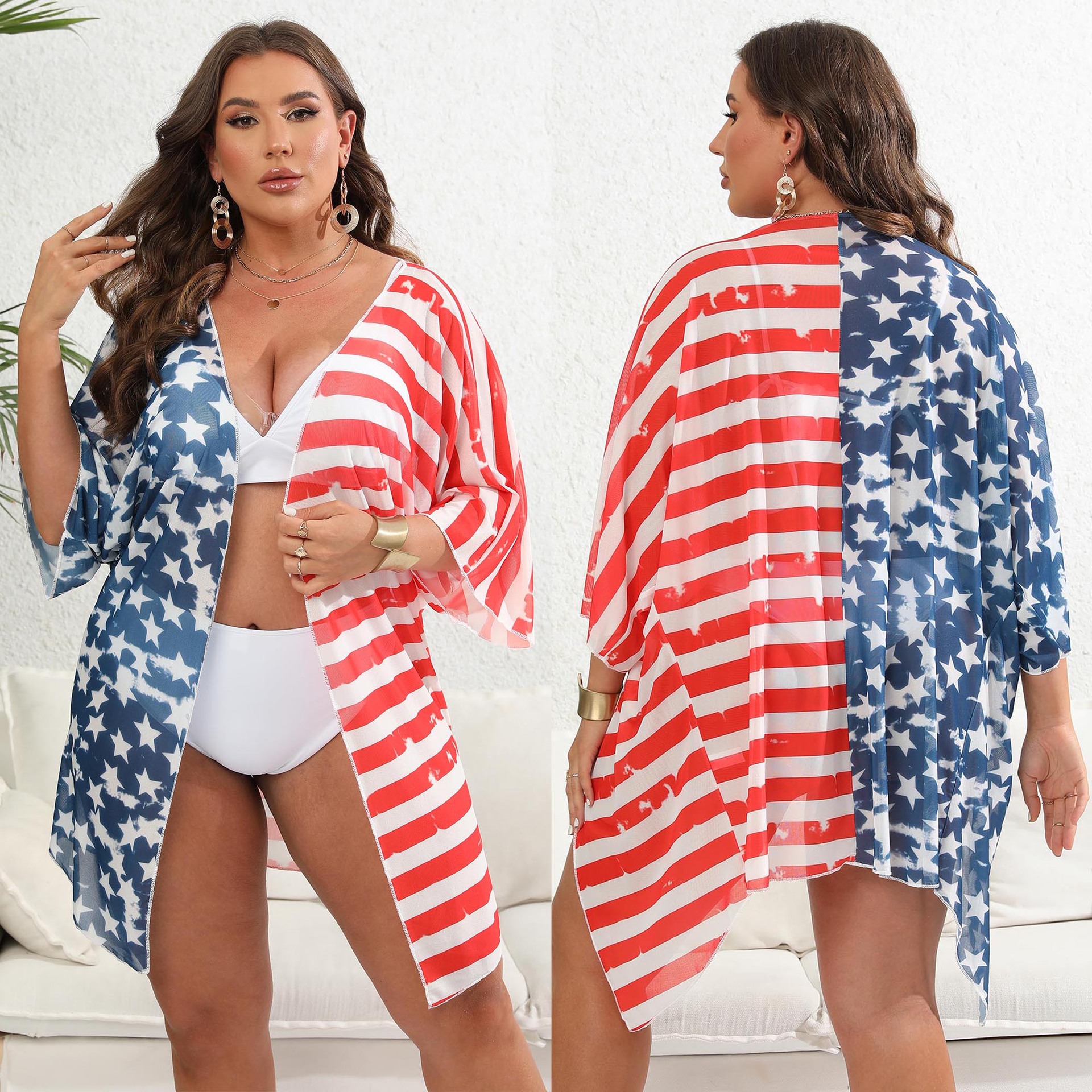 女士开防晒开衫跨境欧美大码女装宽松条纹星星撞色星条沙滩比基尼