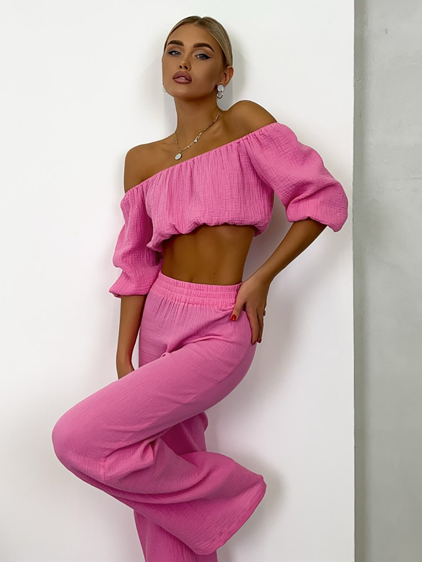 Dames pantalon set met off shoulder top en rechte broek_voghion.com