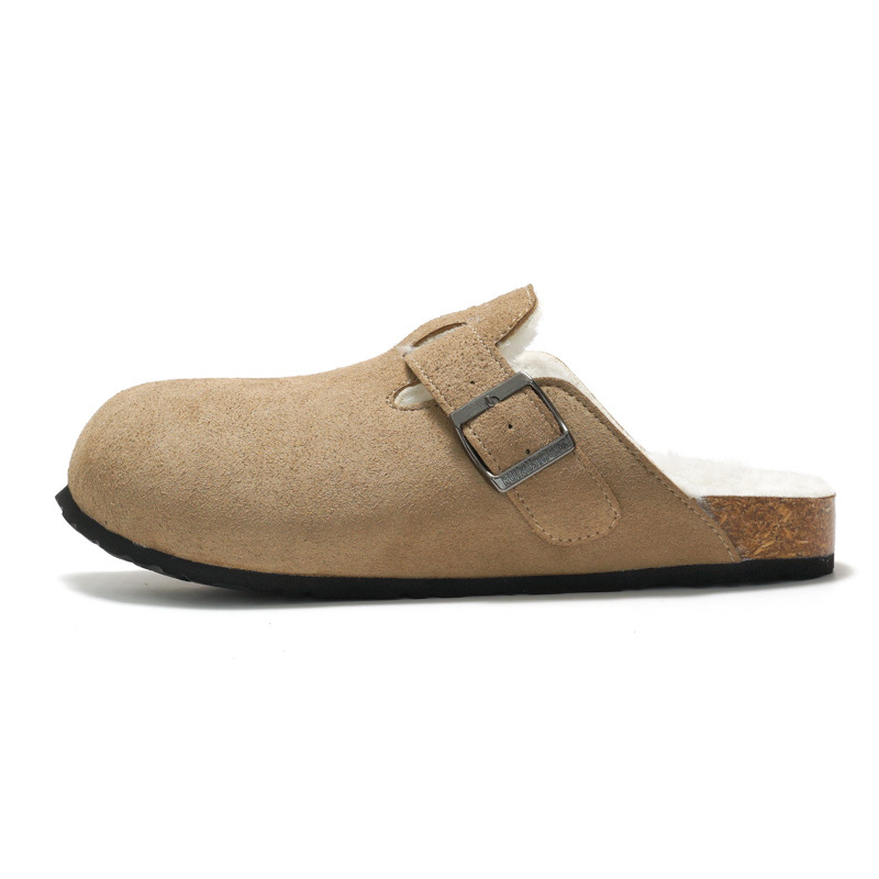 RUIZUSTOCK Winter Men's Closed-Toe Cork Slippers With Fleece, Women's Cotton Shoes, Warm Sandals, Suede Outdoor Wear_voghion.com