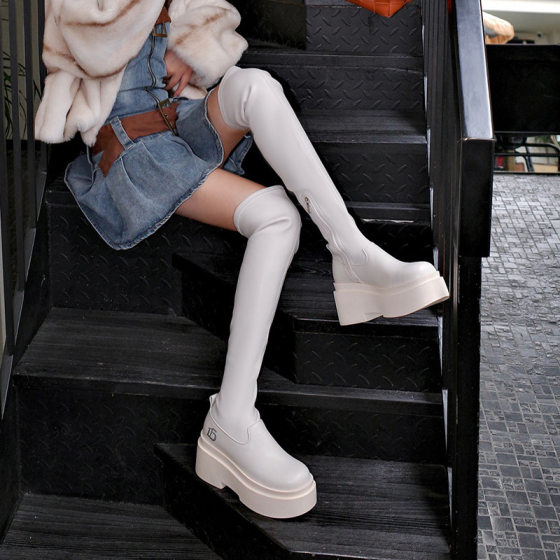 Over-the-knee Boots Women's Elastic Slimming Thick Bottom Boots Sweet Cool Big Barrel Thick Leg chubby girl High Barrel