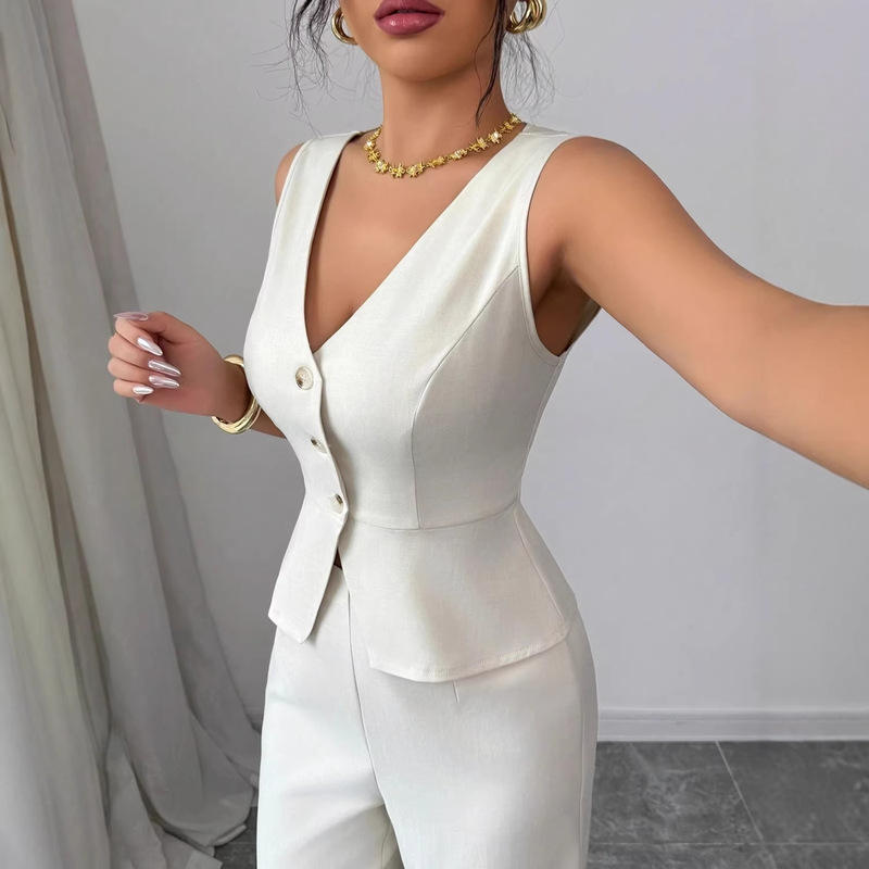 2025 Summer New European and American Amazon Cross-Border Women's Clothing Solid Color Sleeveless Slim Vest High-Waisted Long Pants Two-Piece Set
