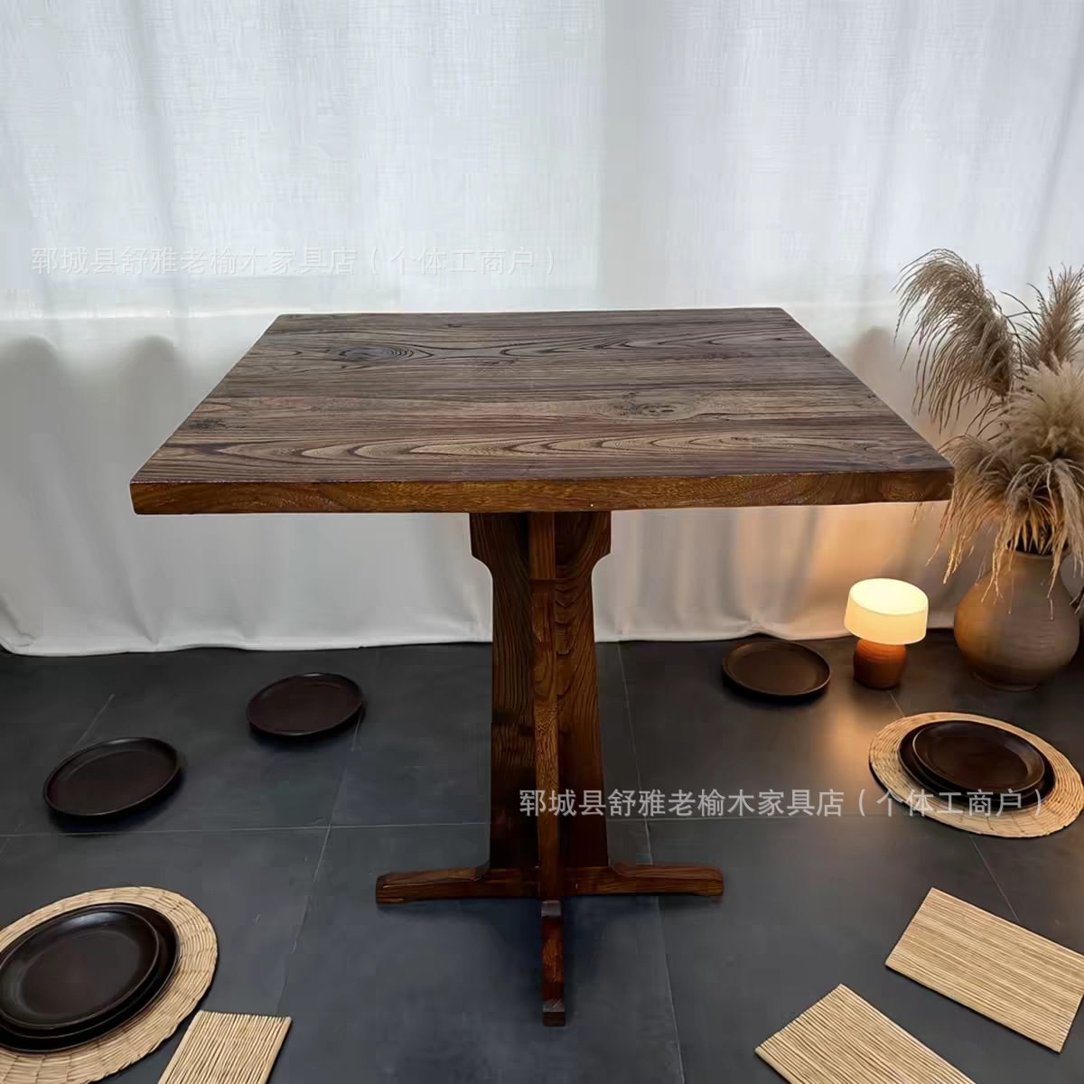 Wabi-Sabi Style Solid Wood Coffee Table for Home Use, Small Apartment Elm Wood Dining Table, Restaurant Weathered Wood Round Table, Double Table