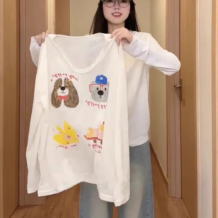 【오리지널 원단 자외선 차단 의류】강아지 프린트 긴팔 티셔츠 자외선 차단 커버업 여성용 UPF50 자외선 차단 실크