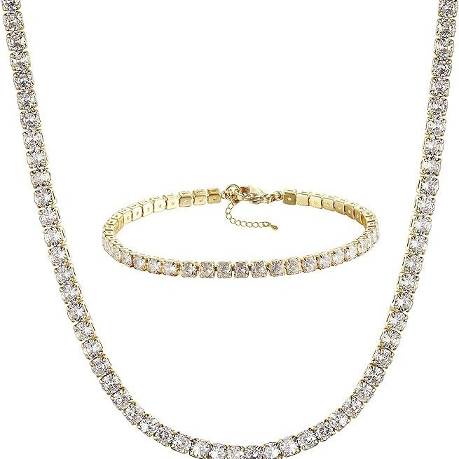 European and American cross-border foreign trade single row double drainage rhinestone claw chain gold and silver bracelet and necklace sets wholesale