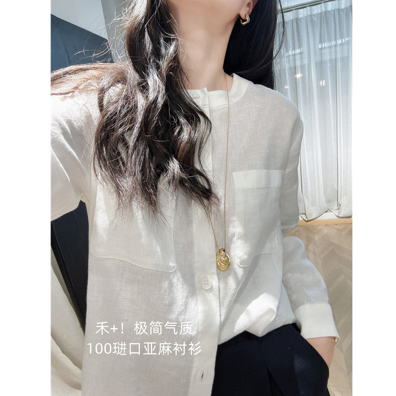 He+! Cabinet 3K! Imported 100% Linen Simple and Elegant Round-Neck Pocket Loose Long-Sleeve Shirt for Women, New for Spring and Summer