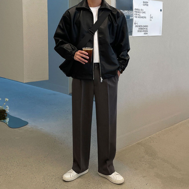 MYQSimple Retro Lapel Leather Jacket For Men Spring Loose Motorcycle Leather Jacket Korean Styley Handsome Jacket