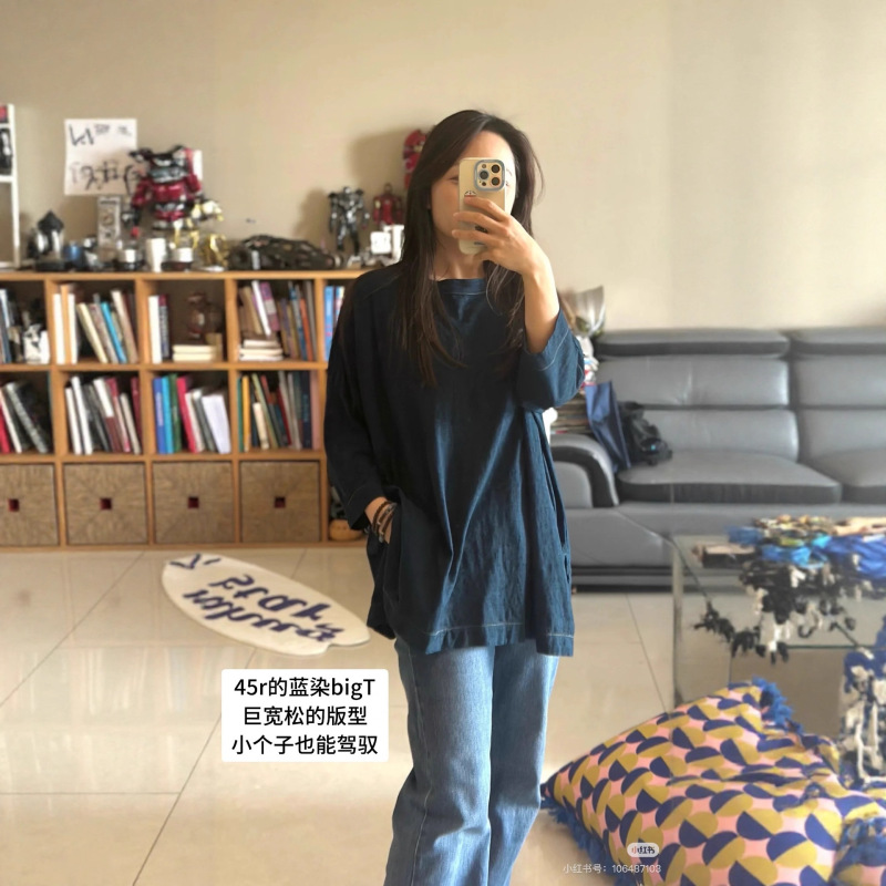 原工厂直供外贸服装麻蓝靛蓝版45R宽松7分袖T圆领套头男女同款T恤|undefined