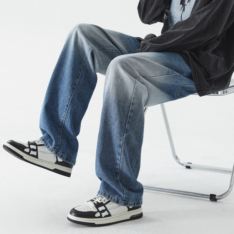 Jeans Rectos con Lavado Degradado para Hombre Corte Holgado Pierna Ancha para Uso Diario image 3