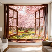 仿真窗外挂毯森林树日落自然风景壁毯抽象艺术感房间装饰背景墙布