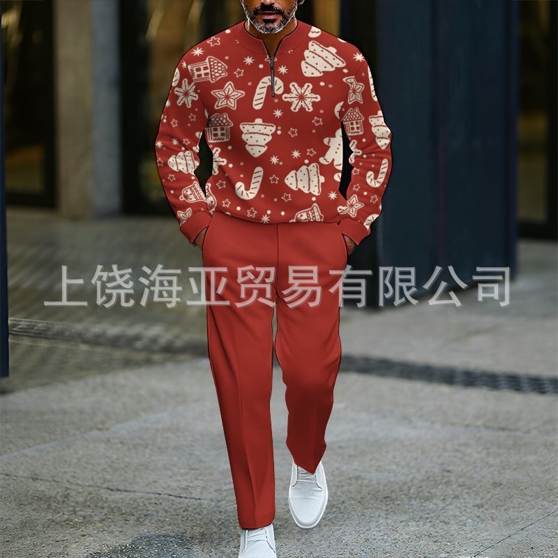 2025欧美跨境外贸秋冬热卖新款男士圣诞节数码打印套装男卫衣两件|undefined