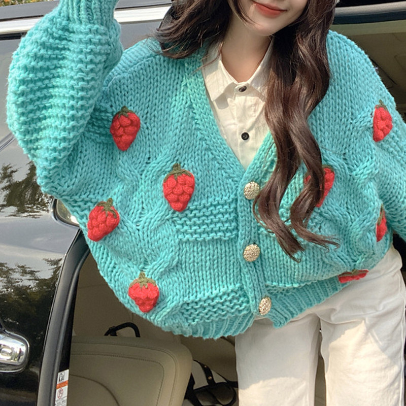 Knitted Cardigan Women's 2022 Autumn and Winter New Lazy Style Loose Three-dimensional Strawberry Embroidered Candy Color Sweater Jacket Trendy