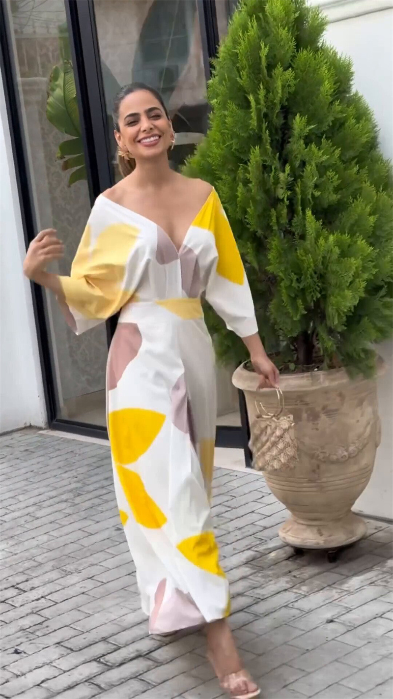 Summer Season Women's Gender Wholesale Women's Simple Style Printing Color Block Holiday Daily V Neck 3/4 Length Sleeve Sheath Dress