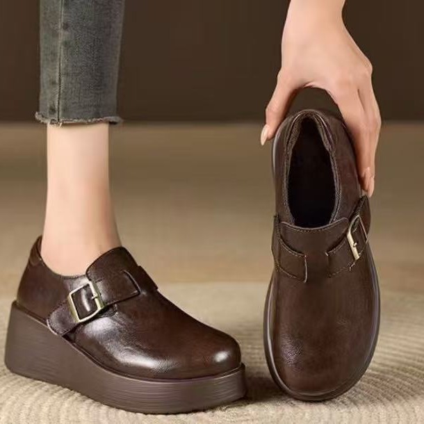 2026 Spring New Korean Style Loafers With Round Toe And Buckle Strap, Genuine Soft Leather Thick-Soled Height-Increasing_vogvips.com