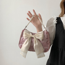 粉色少女清新甜美珍珠手提包包小众设计蝴蝶结单肩斜挎女包包bag