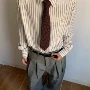 竖条纹长袖宽松撞色衬衣