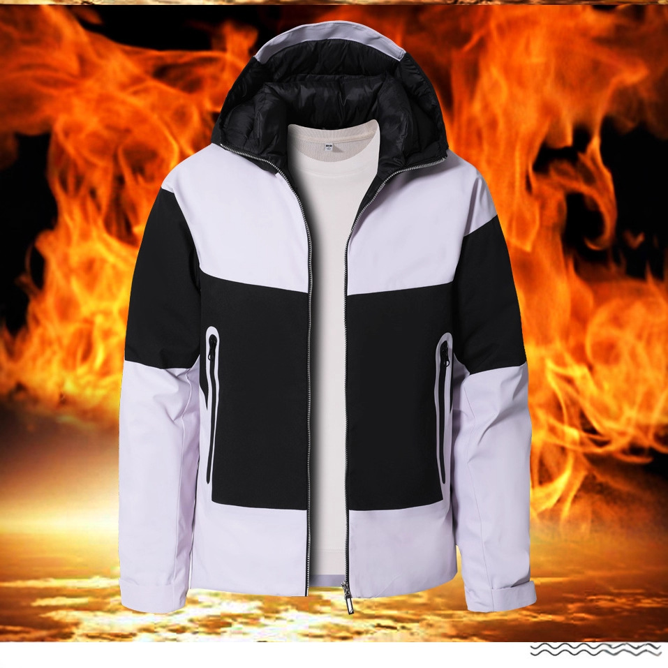 Hombre transfronterizo invierno encapuchado chaqueta juvenil de color contrastante campamento al aire libre impermeable chaqueta de pareja