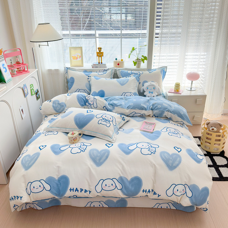 Cama de algodón fresco pequeño conjunto de cuatro piezas de algodón dibujos animados impresos cubierta de edredón dormitorio de estudiantes un solo conjunto de ropa de cama de tres piezas en