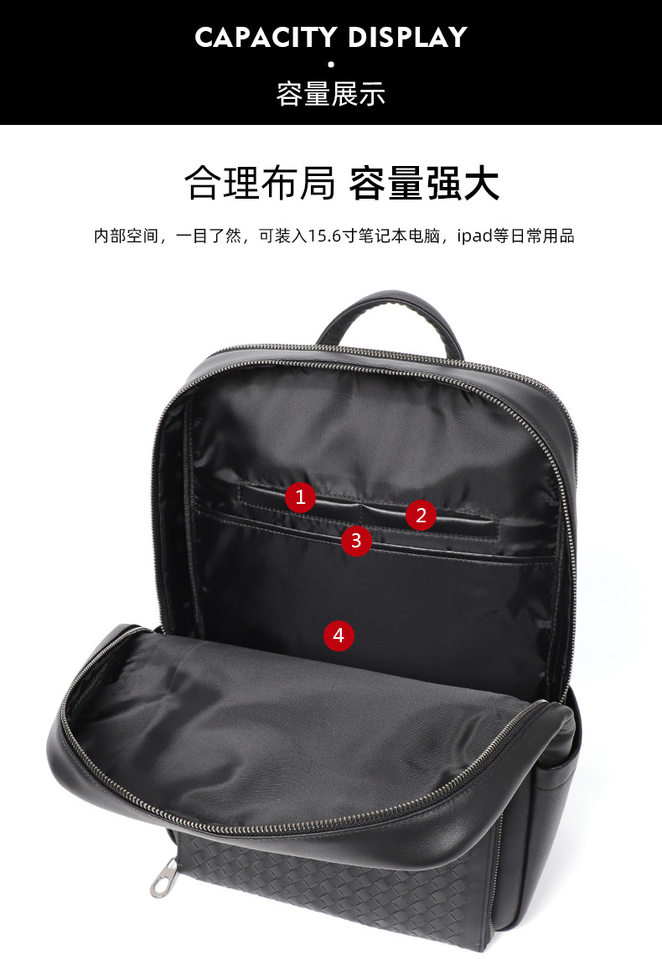 Ba lô nam da bò thật dệt đan, ngăn đựng laptop 15,6 inch, dung tích lớn — Màu đen chi tiết 9