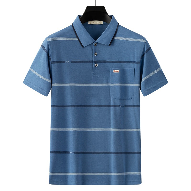 De mediana edad impreso Polo camisa de manga corta de los hombres de solapa papá verano camiseta a rayas de algodón mercerizado camiseta ropa de los hombres al por mayor