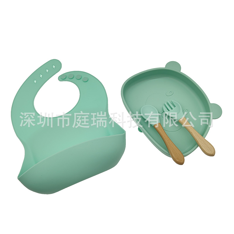 Menta (babero + Placa de oso + cuchara tenedor mango de madera)