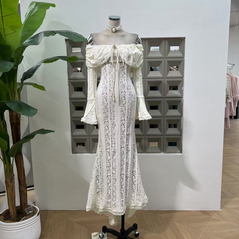 Amazon Spring Romantic Elegant Lace Shoulder Trumpet Long Sleeve Slim Fishtail Long dress