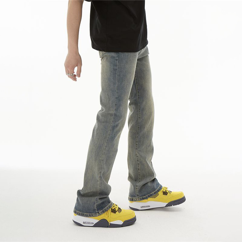 American Style Vintage Yellow Mud Dyed Washed Old Jeans Men's High Street cleanfit Straight Slim Fit Spotty Pants
