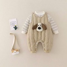 婴儿秋冬薄棉连体衣服新款加绒保暖宝宝冬装超萌可爱背带棉裤套装