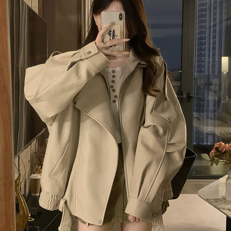 Leather Jacket for Women 2025 New Vintage Double-Layer Collar Biker Jacket Casual Loose Silhouette Pu Leather Jacket Top for Spring Leather Jacket for Women 2025 New Vintage Double-Layer Collar Biker Jacket Casual Loose Silhouette Pu Leather Jacket Top for Spring