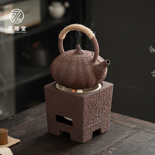 圍爐煮茶壺粗陶鐵銹釉提梁燒水壺日式側把壺炭爐酒精爐煮茶器套裝
