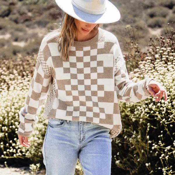Shiying Autumn New Plaid Pullover Sweater for Women, European and American Casual Loose Warm Drop Shoulder Long Sleeve Top for Women