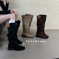 ALILOVER 复古尖头粗跟堆堆靴女2025新款宽筒显瘦西部牛仔靴长靴
