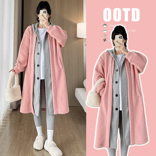 Pregnant women's clothing autumn and winter New fleece-lined thickened hooded stitching casual temperament baby velvet lamb wool coat winter clothing