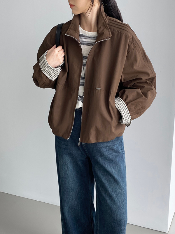 那末韩系宽松休闲立领工装风外套女设计感格子撞色短款风衣H2809|undefined
