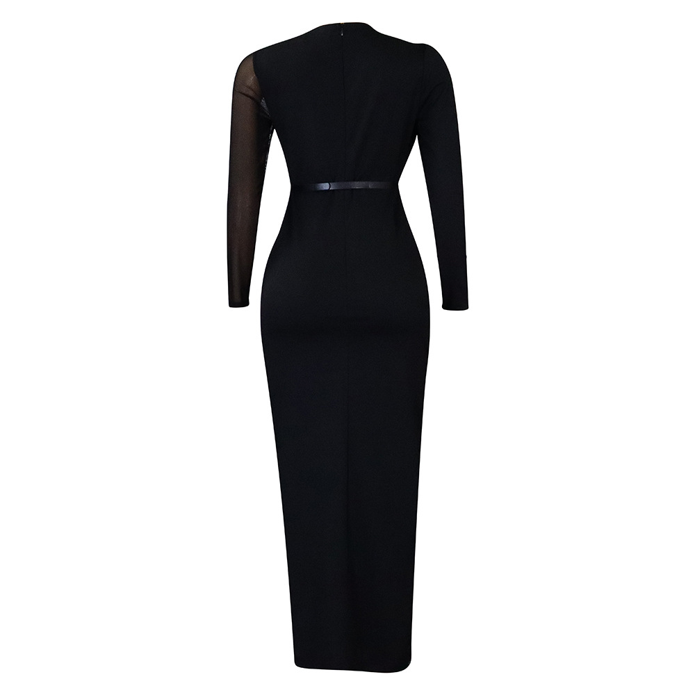 Damen Abendkleid Mit Langarm Und Mesh-einsatz Elegantes Festkleid_voghion.com