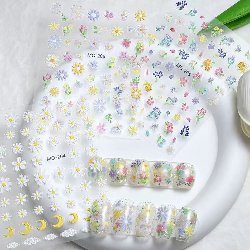 New Floral Fresh Spring Super Hot Embossed Daisy Manicure Ins Sticker Oil Painting High-End Cute Nails