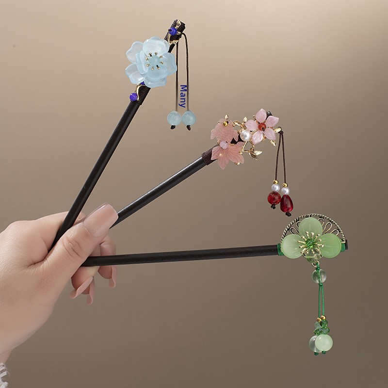 古風仿和田玉花瓣髮簪子流蘇步搖髮釵仿黑檀木古裝漢服盤發配飾品