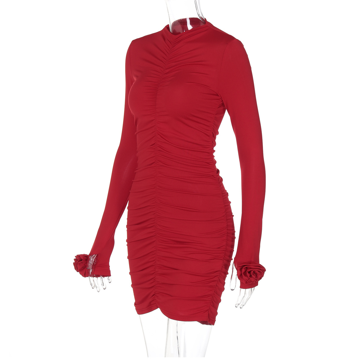 Women Clothing Autumn Floral Decoration Long Sleeve Pleated Slim Sheath Dress Women