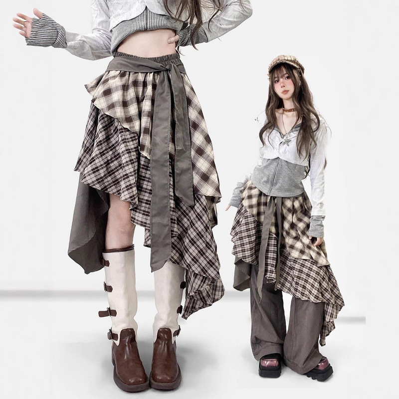 American Retro Brown Plaid Asymmetrical Splicing Ruffled Layered Cake Skirt Mid-Length Over-The-Knee A-Line Long Skirt