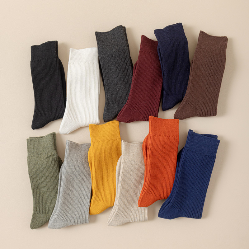 Autumn and Winter New Japanese Style Double Needle Men's Socks Stockings Drawstrip Couple's Stacked Stockings Solid Color Vertical Striped Cotton Socks Autumn and Winter New Japanese Style Double Needle Men's Socks Stockings Drawstrip Couple's Stacked Stockings Solid Color Vertical Striped Cotton Socks