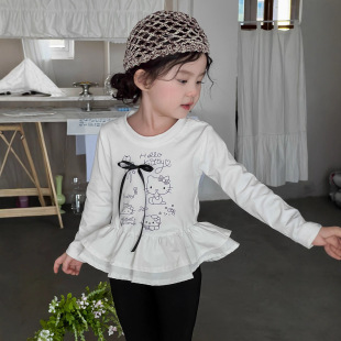 Wheatfield Season Spring and Autumn New Girls Korean Style Bow Ruffled Bottoming Shirt Children's Cartoon Long Sleeve T-Shirt Top