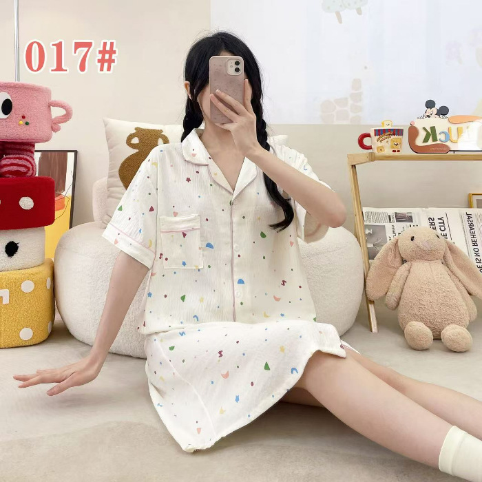Pijama de verano de manga corta cardigan con solapa impresión de dibujos animados nubes de algodón dulce suelto medio largo vestido transfronterizo
