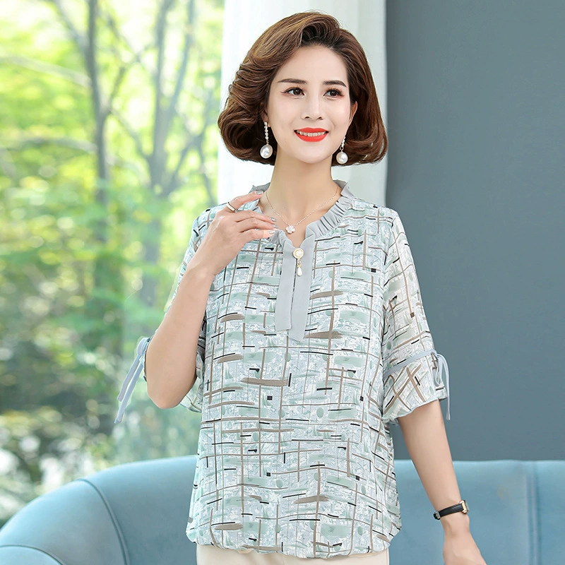 Летняя футболка с принтом для мамы, новый стильный топ для женщин среднего возраста с круглым вырезом для свекрови, нижняя рубашка в китайском стиле для людей среднего и пожилого возраста.