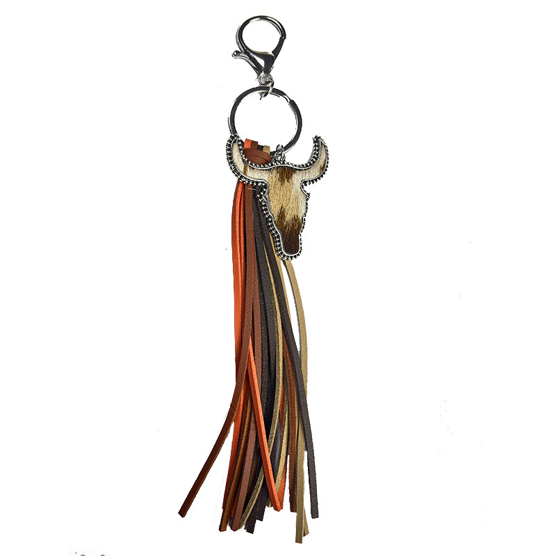 1 Piece Cowboy Style Bull Head Alloy Leather Tassel Bag Pendant Keychain display picture 7