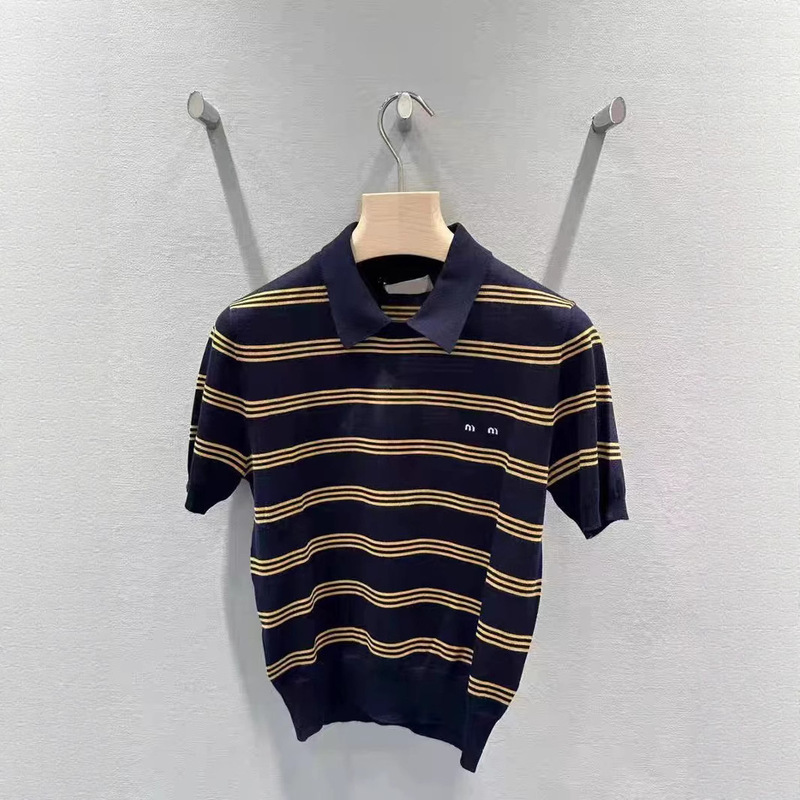 In-Stock Original Quality Correct Version mm Style Elegant Striped Knit Short-Sleeve T-Shirt for Women 2025 New Summer Top